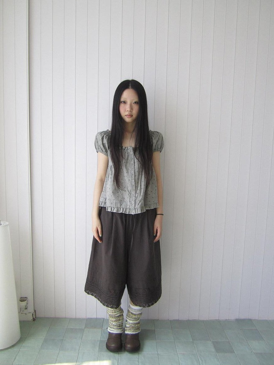 ang project Grey Floral Square Neck Puff Sleeve Ruffle Button Women&