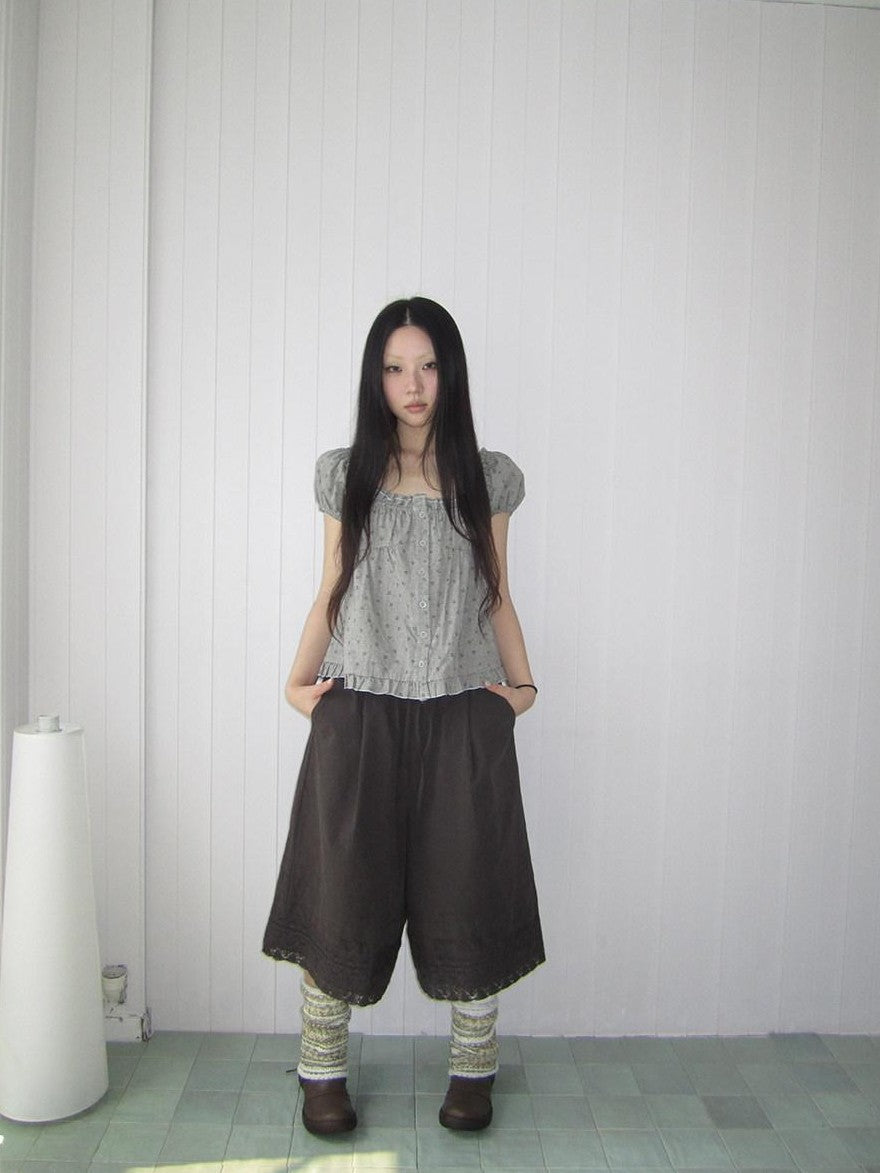 ang project Grey Floral Square Neck Puff Sleeve Ruffle Button Women&