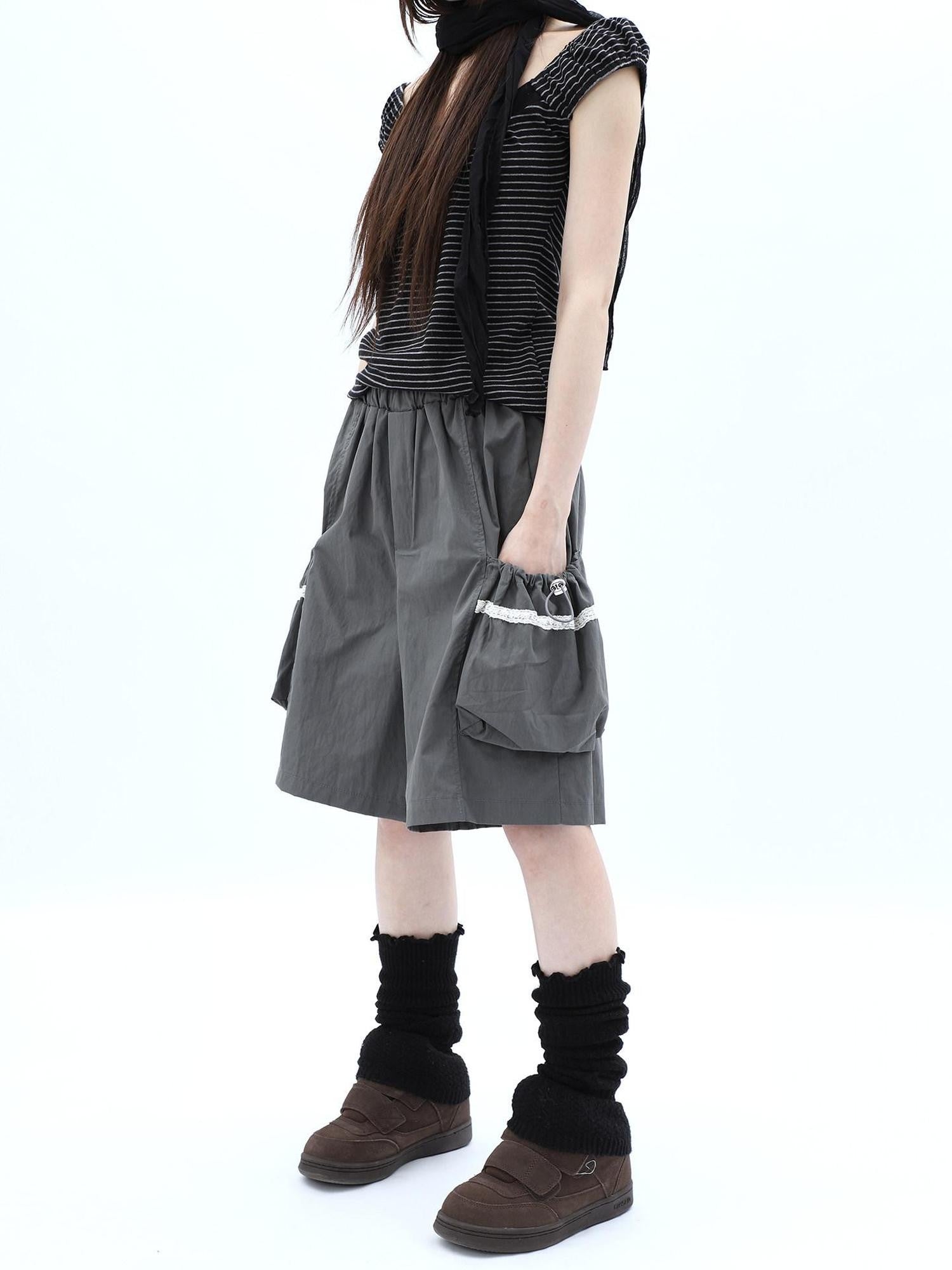 ang project Grey Lace Trim Patchwork Elastic Waist Cargo Women&