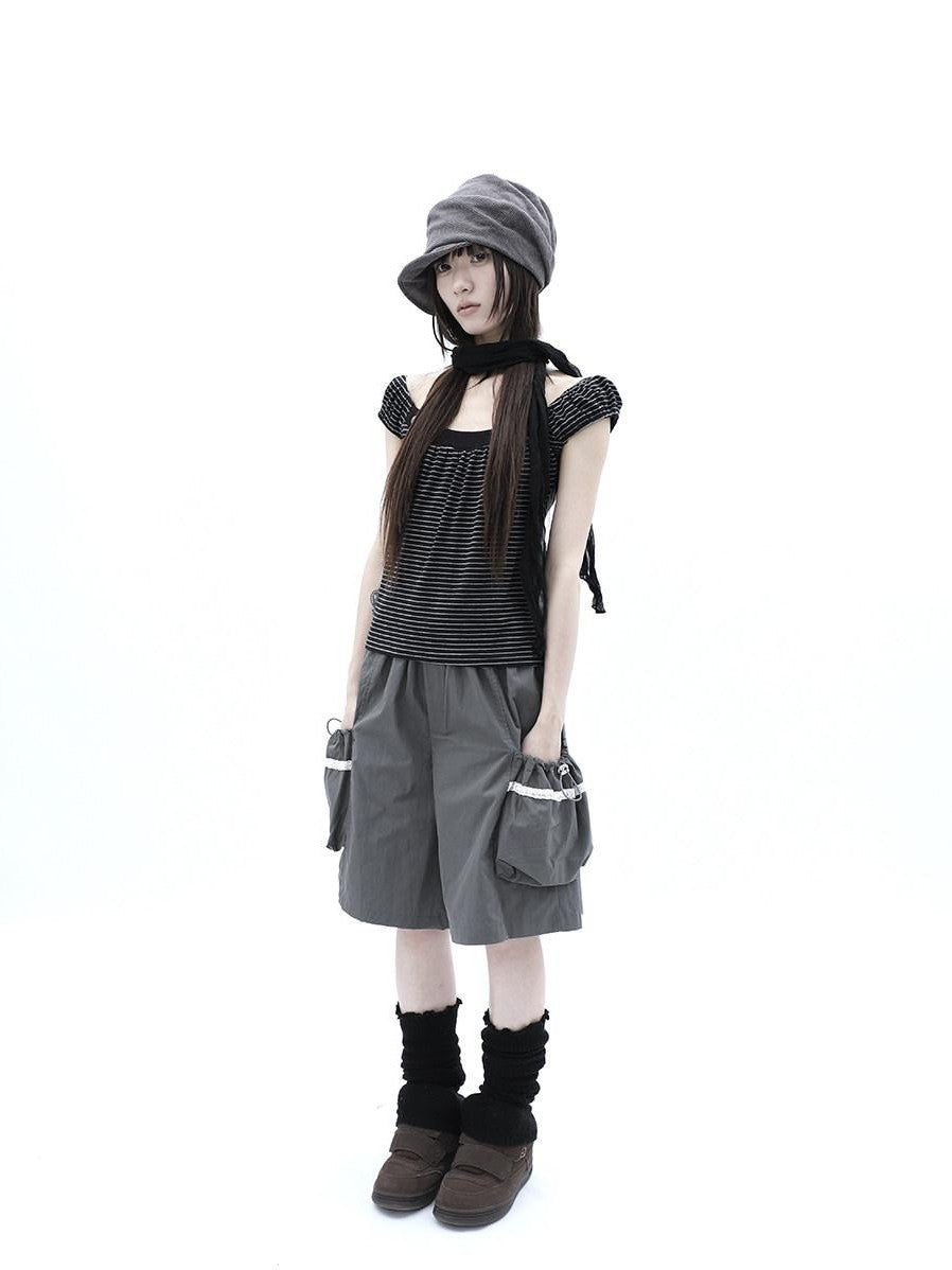 ang project Grey Lace Trim Patchwork Elastic Waist Cargo Women&
