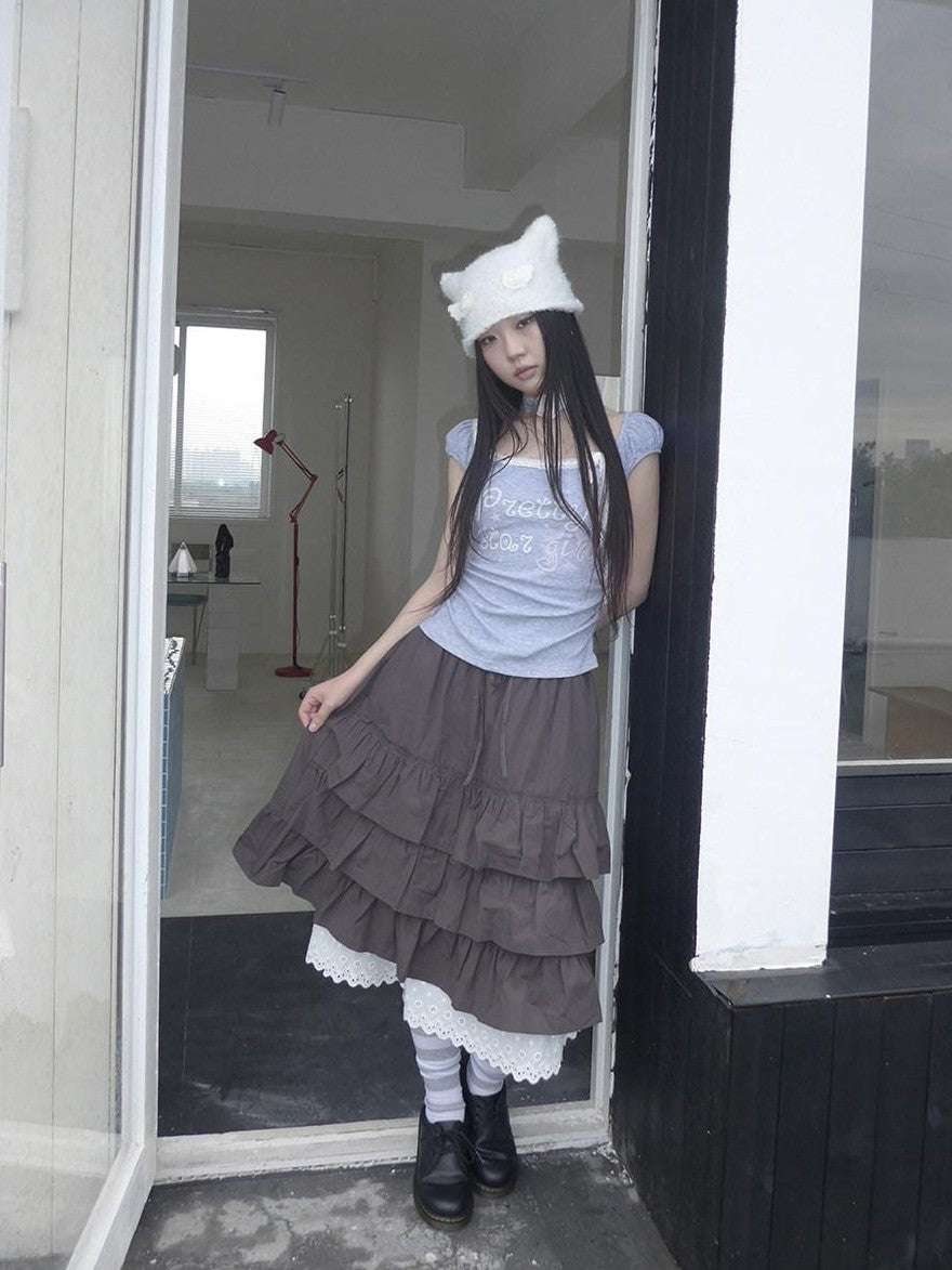 ang project Grey Letter Print Lace Tie Puff Sleeve Cropped Crewneck Women&