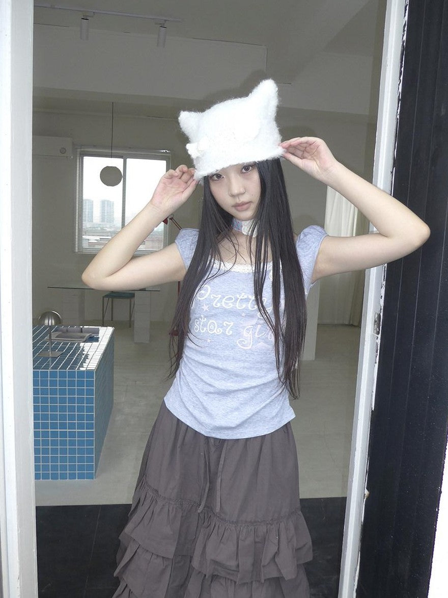 ang project Grey Letter Print Lace Tie Puff Sleeve Cropped Crewneck Women&