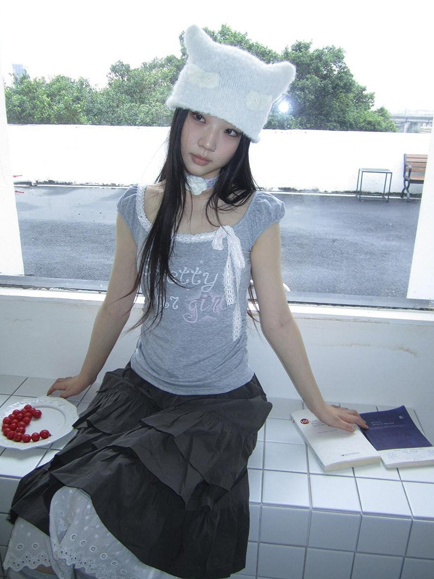 ang project Grey Letter Print Lace Tie Puff Sleeve Cropped Crewneck Women&