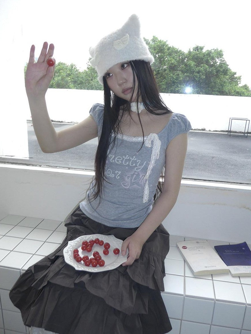 ang project Grey Letter Print Lace Tie Puff Sleeve Cropped Crewneck Women&