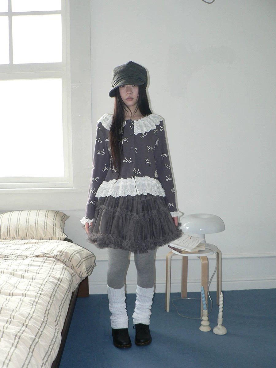 ang project Grey Lined Lace Patchwork Puff Korean Mid Waist Casual Women Mini Skirt