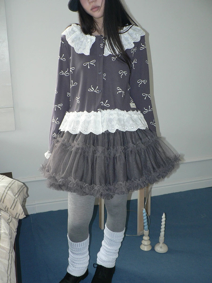 ang project Grey Lined Lace Patchwork Puff Korean Mid Waist Casual Women Mini Skirt