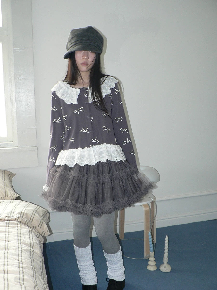 ang project Grey Lined Lace Patchwork Puff Korean Mid Waist Casual Women Mini Skirt