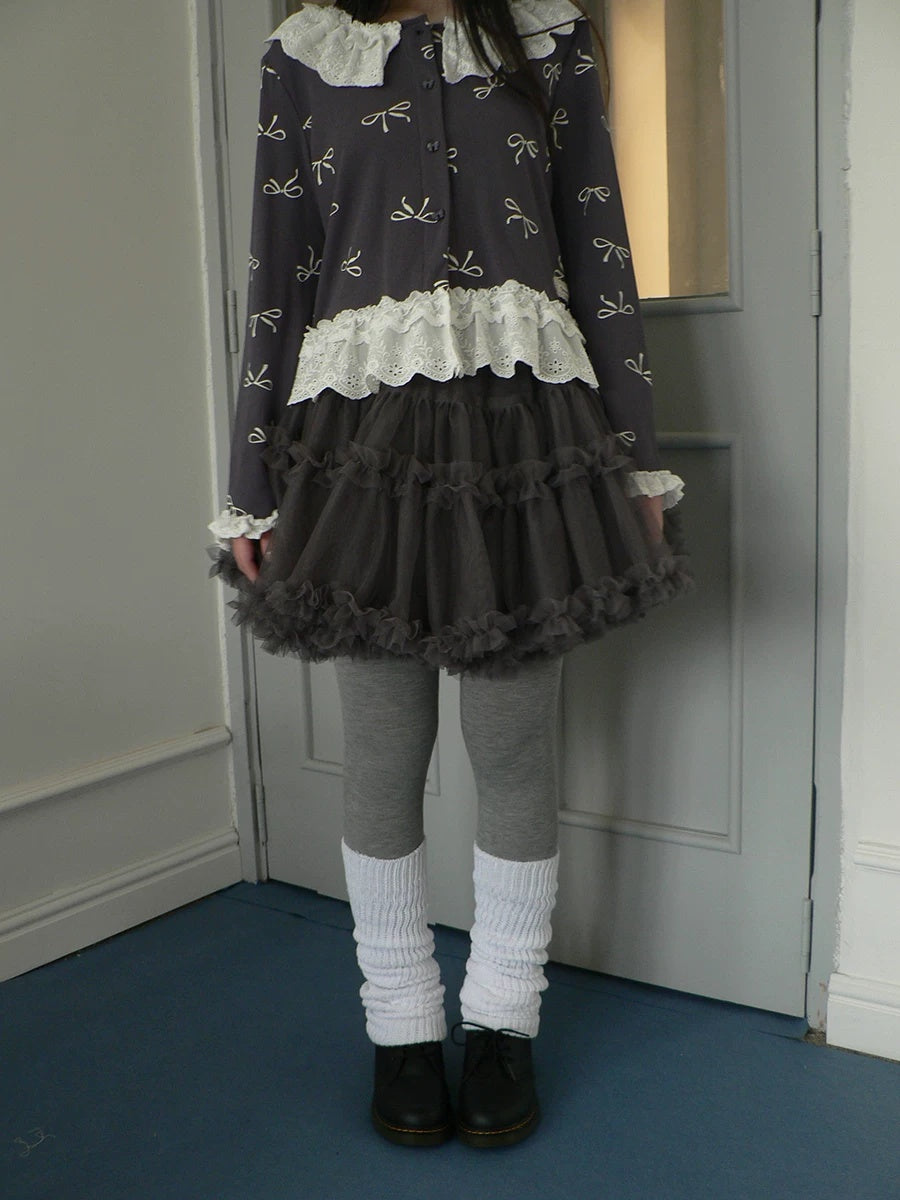 ang project Grey Lined Lace Patchwork Puff Korean Mid Waist Casual Women Mini Skirt