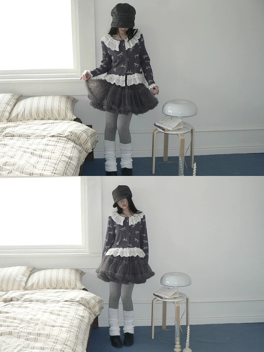 ang project Grey Lined Lace Patchwork Puff Korean Mid Waist Casual Women Mini Skirt