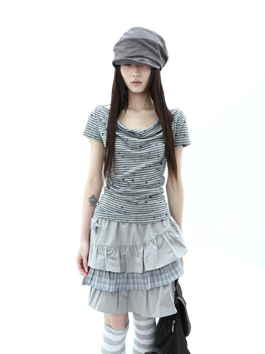 ang project Grey Striped Star Print Stacked Neck Women&