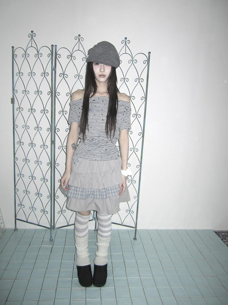 ang project Grey Striped Star Print Stacked Neck Women&