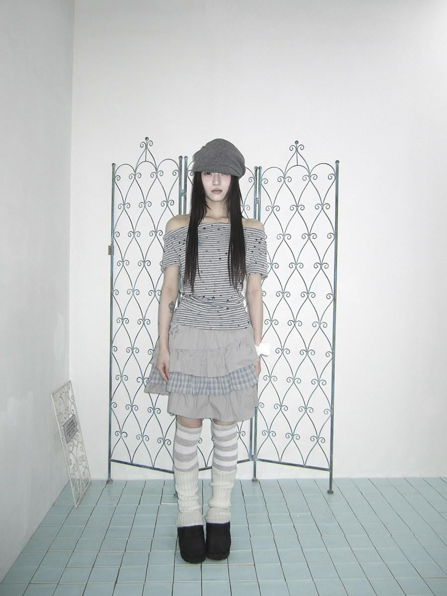 ang project Grey Striped Star Print Stacked Neck Women&