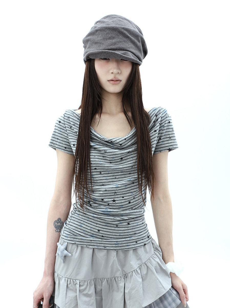 ang project Grey Striped Star Print Stacked Neck Women&