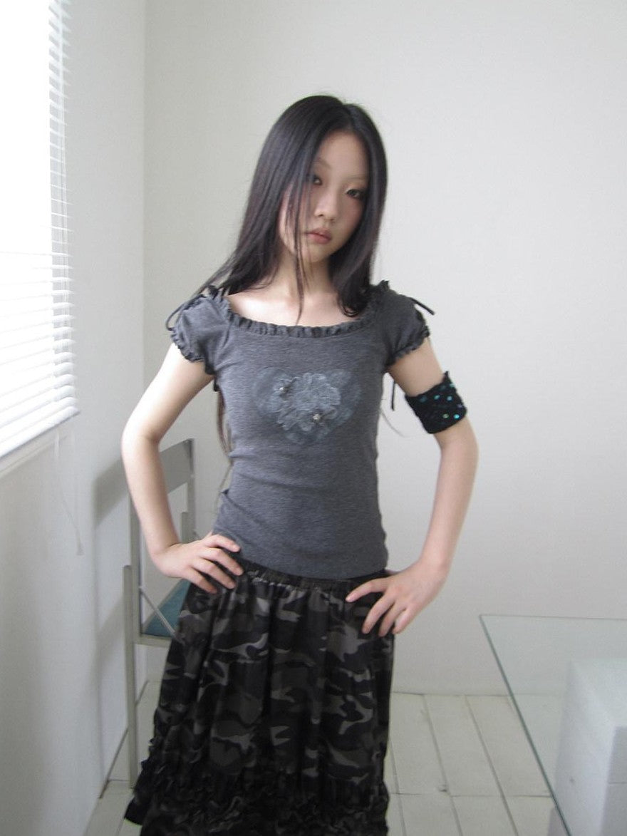 ang project Heart Print Puff Sleeve Tie Slim Fit Women&