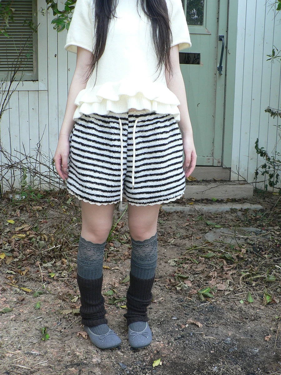 ang project High Waist Lace Trim Korean Striped Wide Leg Casual Women Short