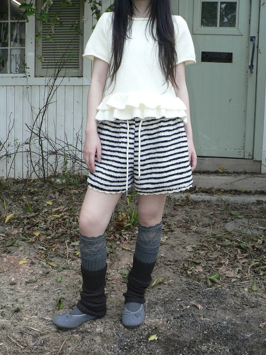 ang project High Waist Lace Trim Korean Striped Wide Leg Casual Women Short