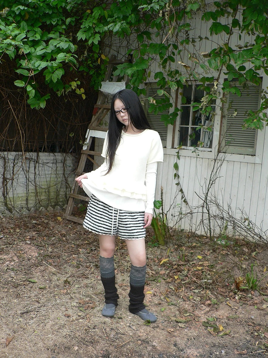 ang project High Waist Lace Trim Korean Striped Wide Leg Casual Women Short