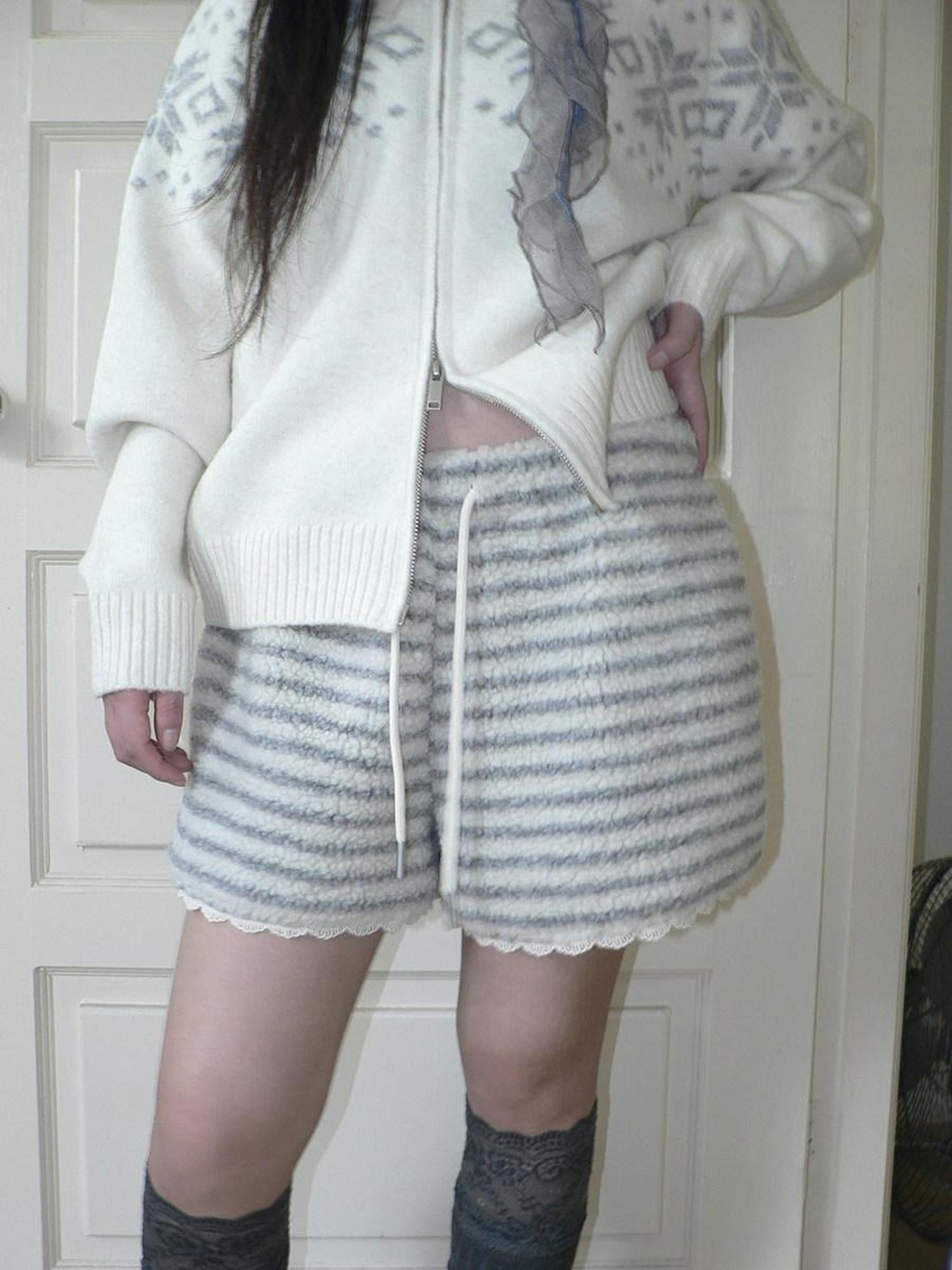 ang project High Waist Lace Trim Korean Striped Wide Leg Casual Women Short