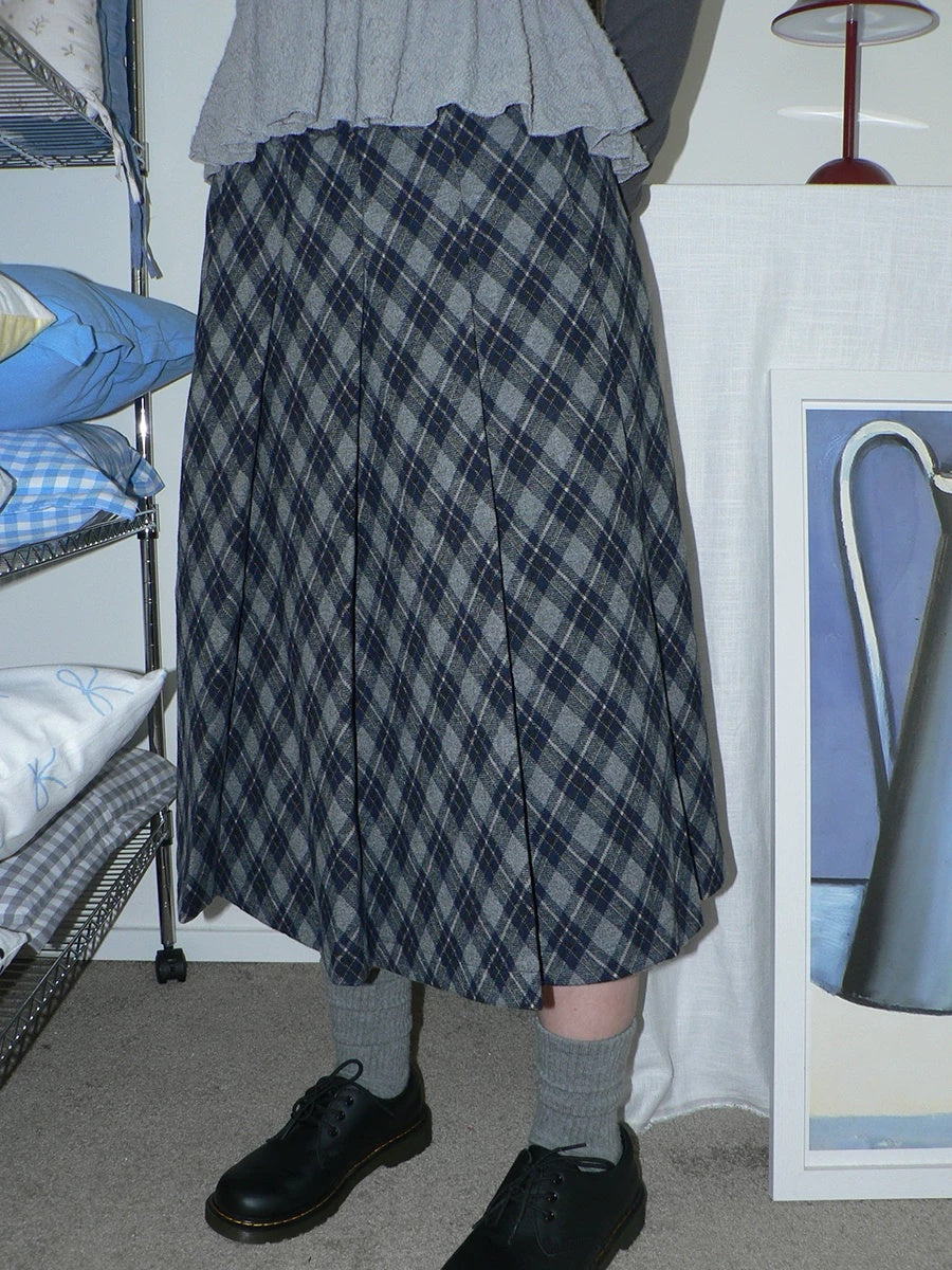 ang project High Waist Lined Vintage Pleated Side Zipper Casual Blue Women Midi Skirt