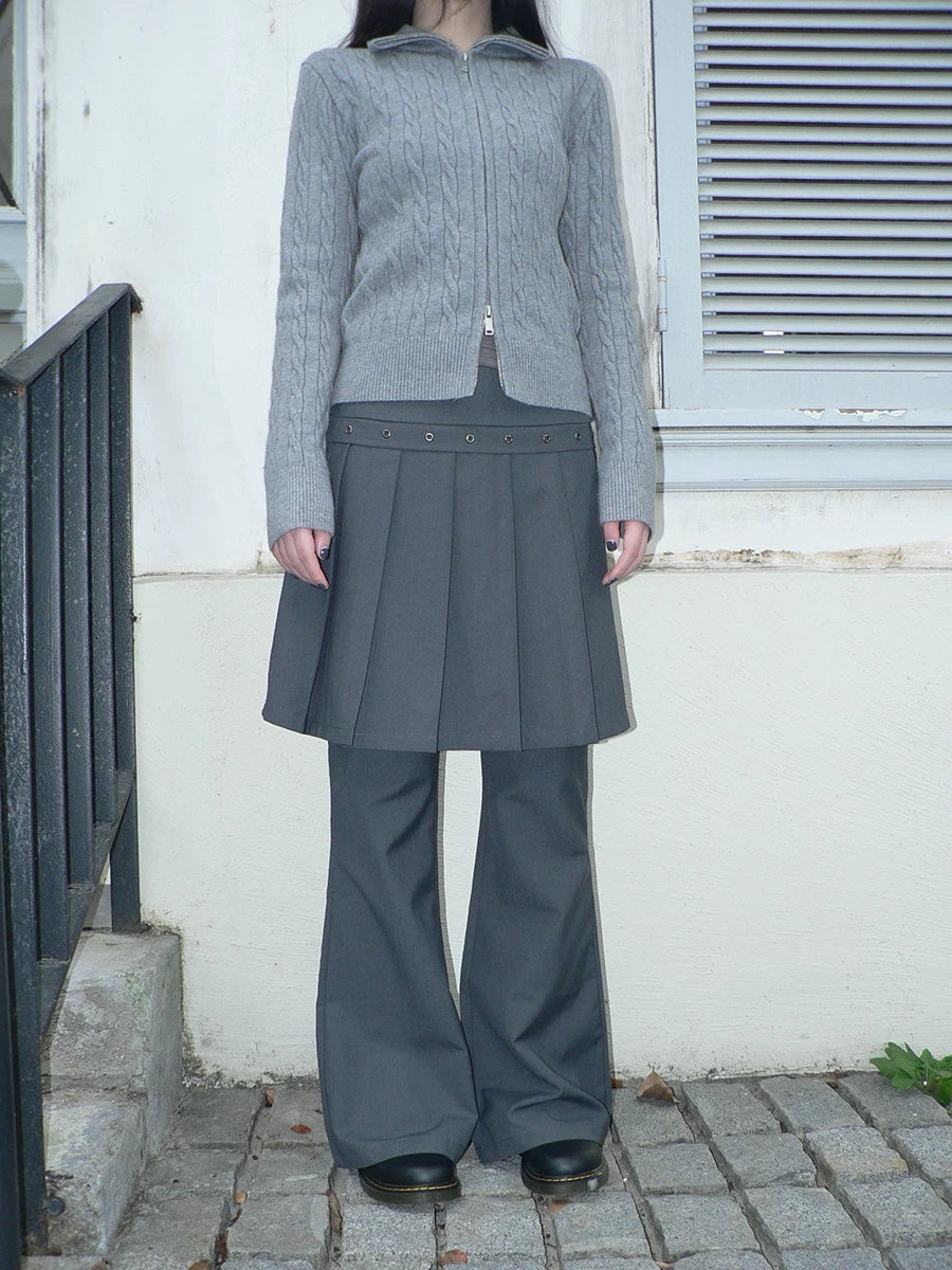 ang project High Waist Minimalist Korean Faux Skirt Flare Zipper Women Dark Gray Pants