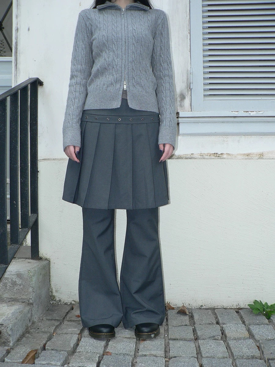 ang project High Waist Minimalist Korean Faux Skirt Flare Zipper Women Dark Gray Pants