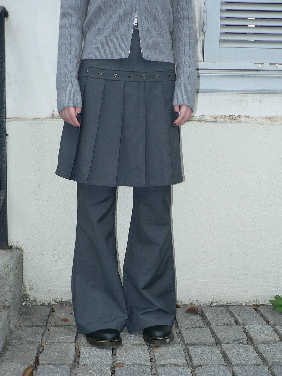 ang project High Waist Minimalist Korean Faux Skirt Flare Zipper Women Dark Gray Pants