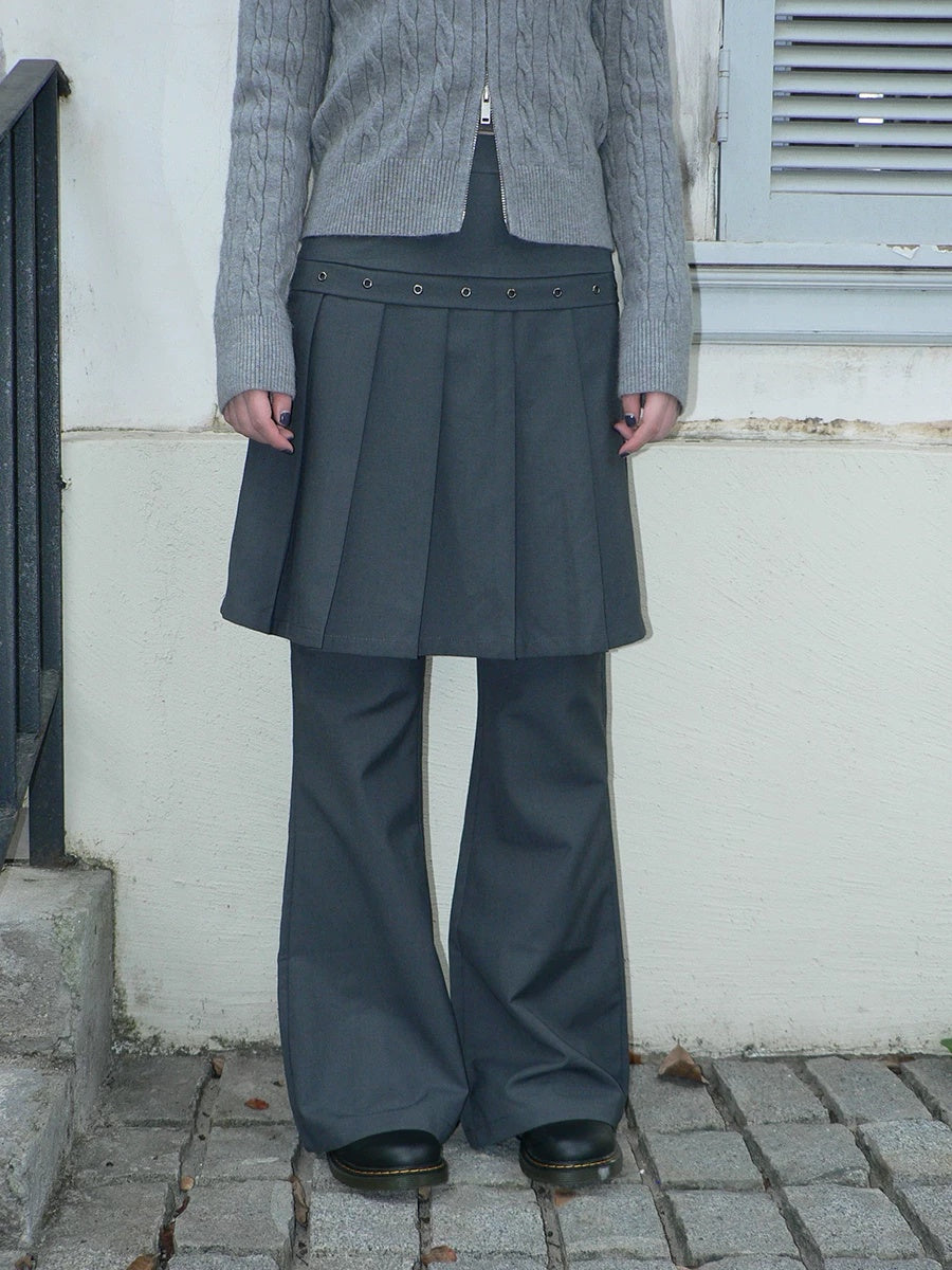 ang project High Waist Minimalist Korean Faux Skirt Flare Zipper Women Dark Gray Pants