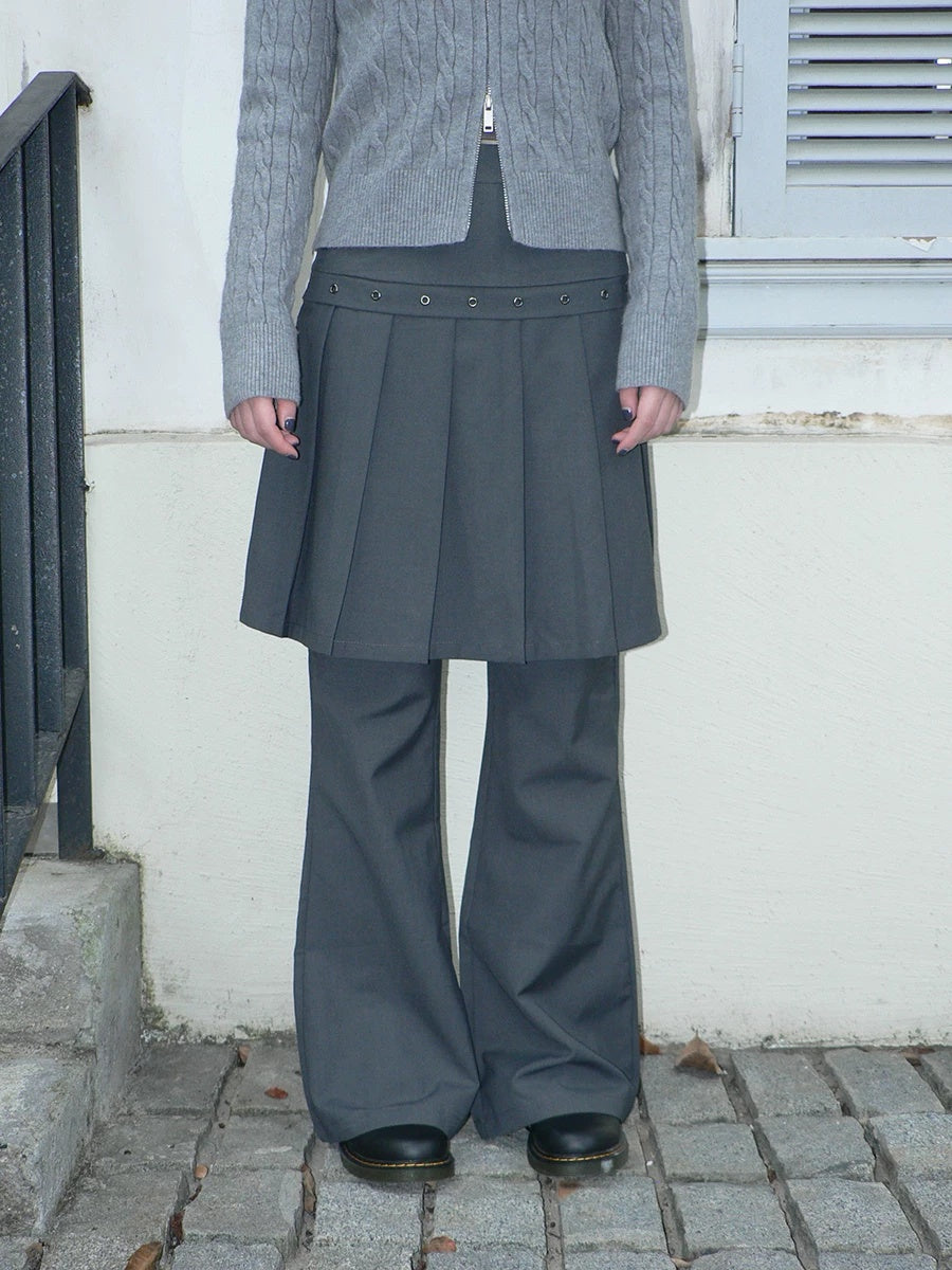 ang project High Waist Minimalist Korean Faux Skirt Flare Zipper Women Dark Gray Pants