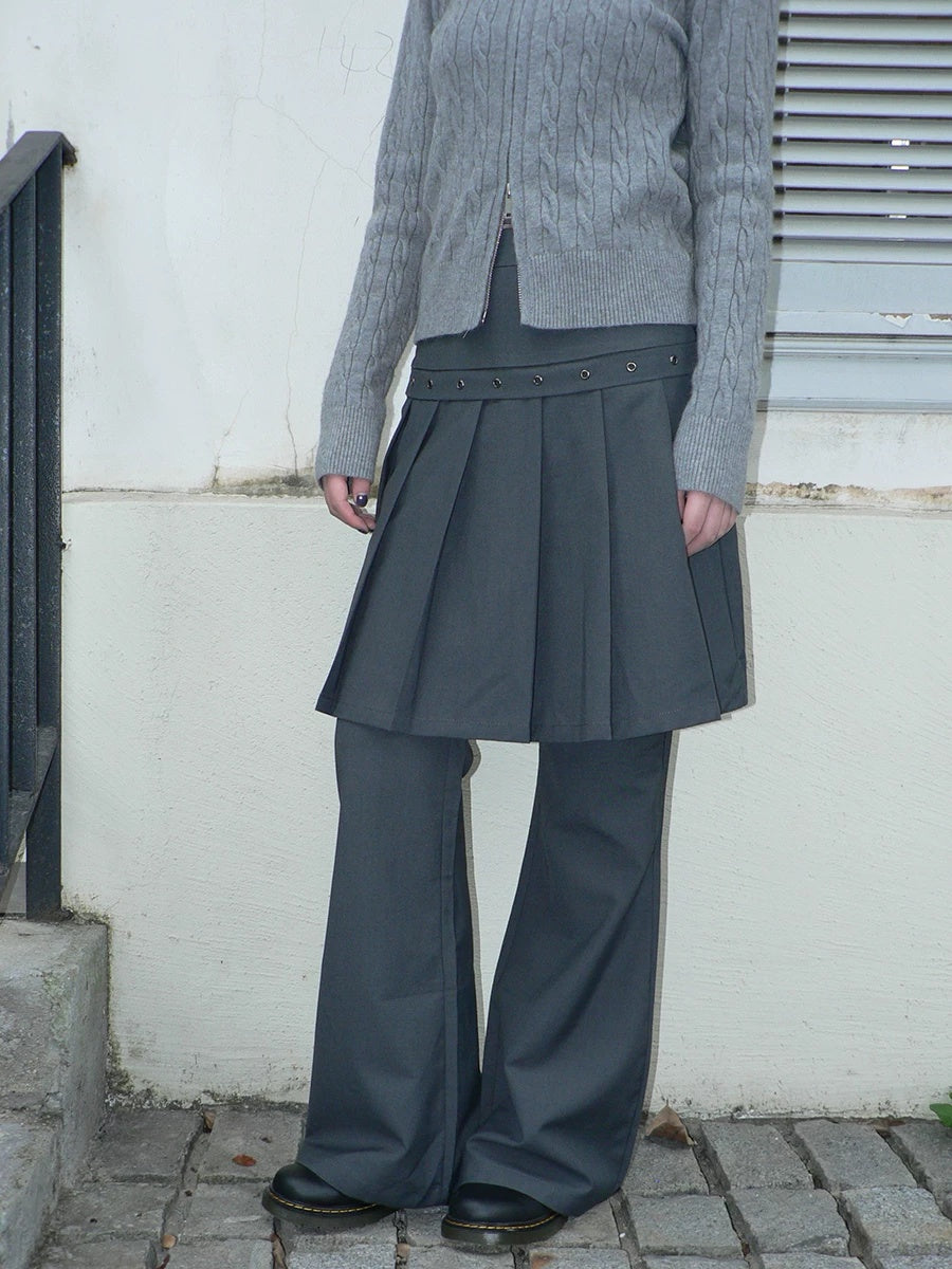 ang project High Waist Minimalist Korean Faux Skirt Flare Zipper Women Dark Gray Pants