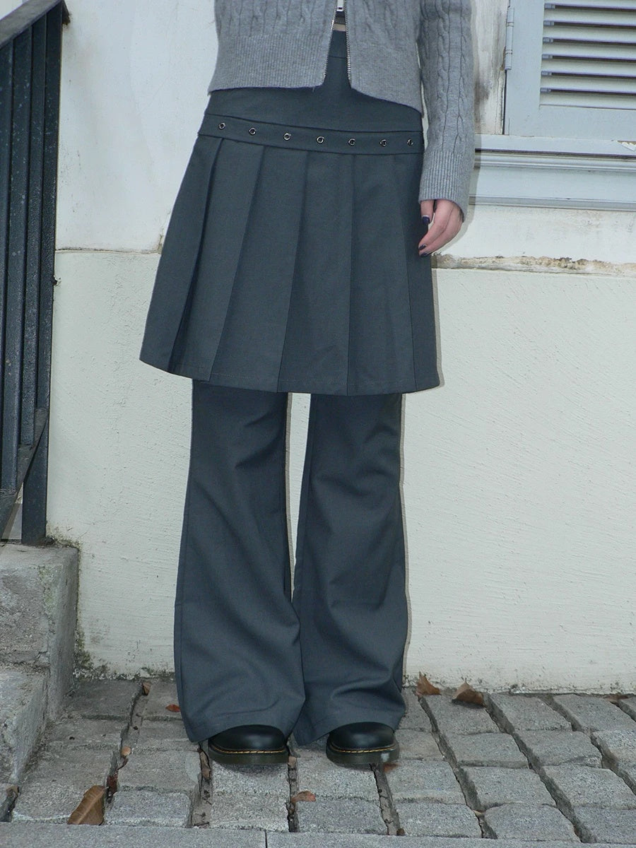 ang project High Waist Minimalist Korean Faux Skirt Flare Zipper Women Dark Gray Pants