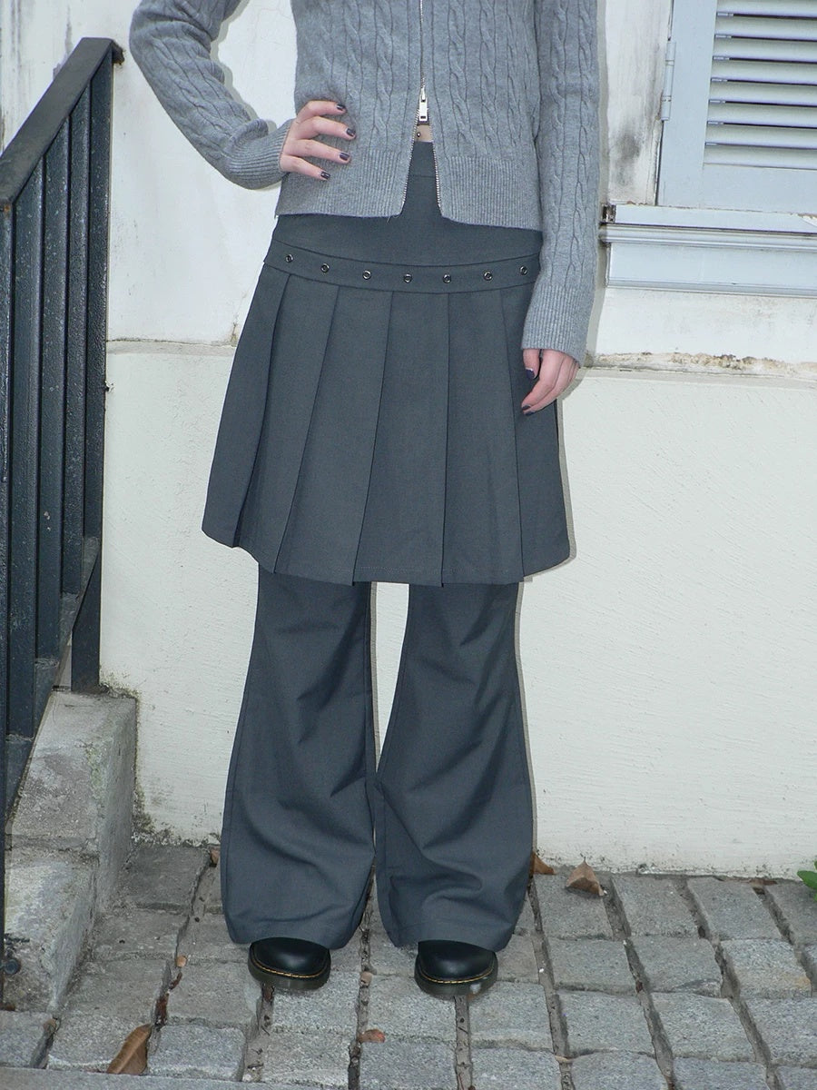 ang project High Waist Minimalist Korean Faux Skirt Flare Zipper Women Dark Gray Pants