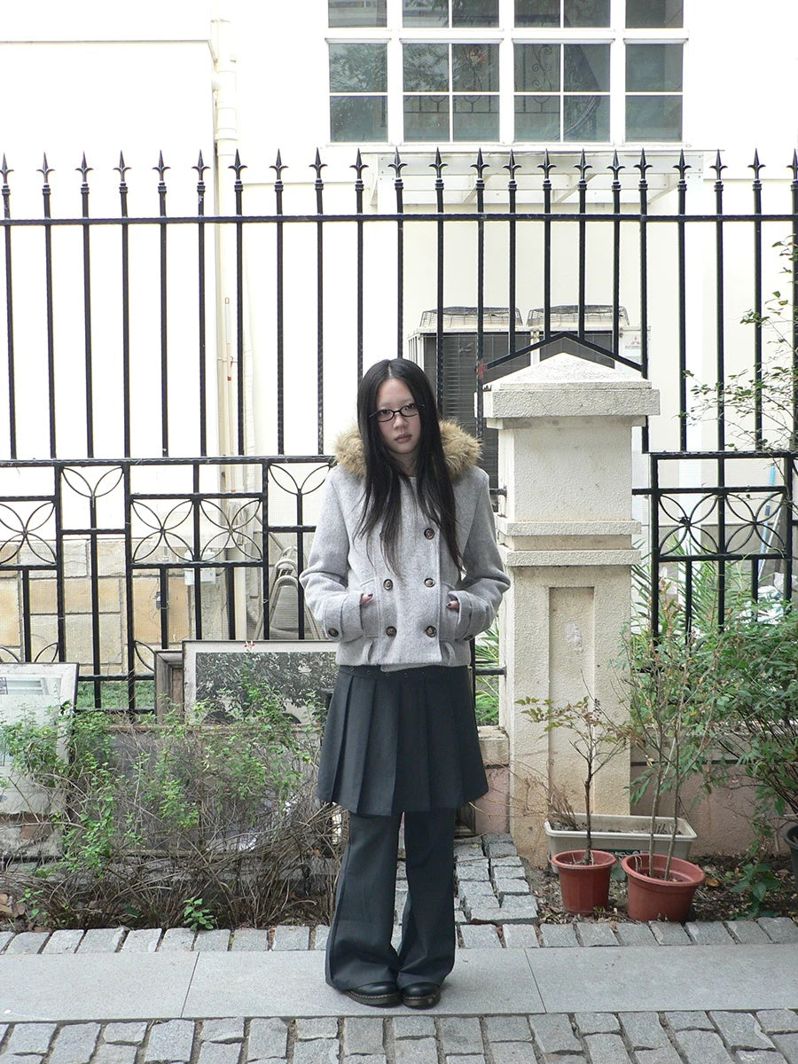 ang project High Waist Minimalist Korean Faux Skirt Flare Zipper Women Dark Gray Pants