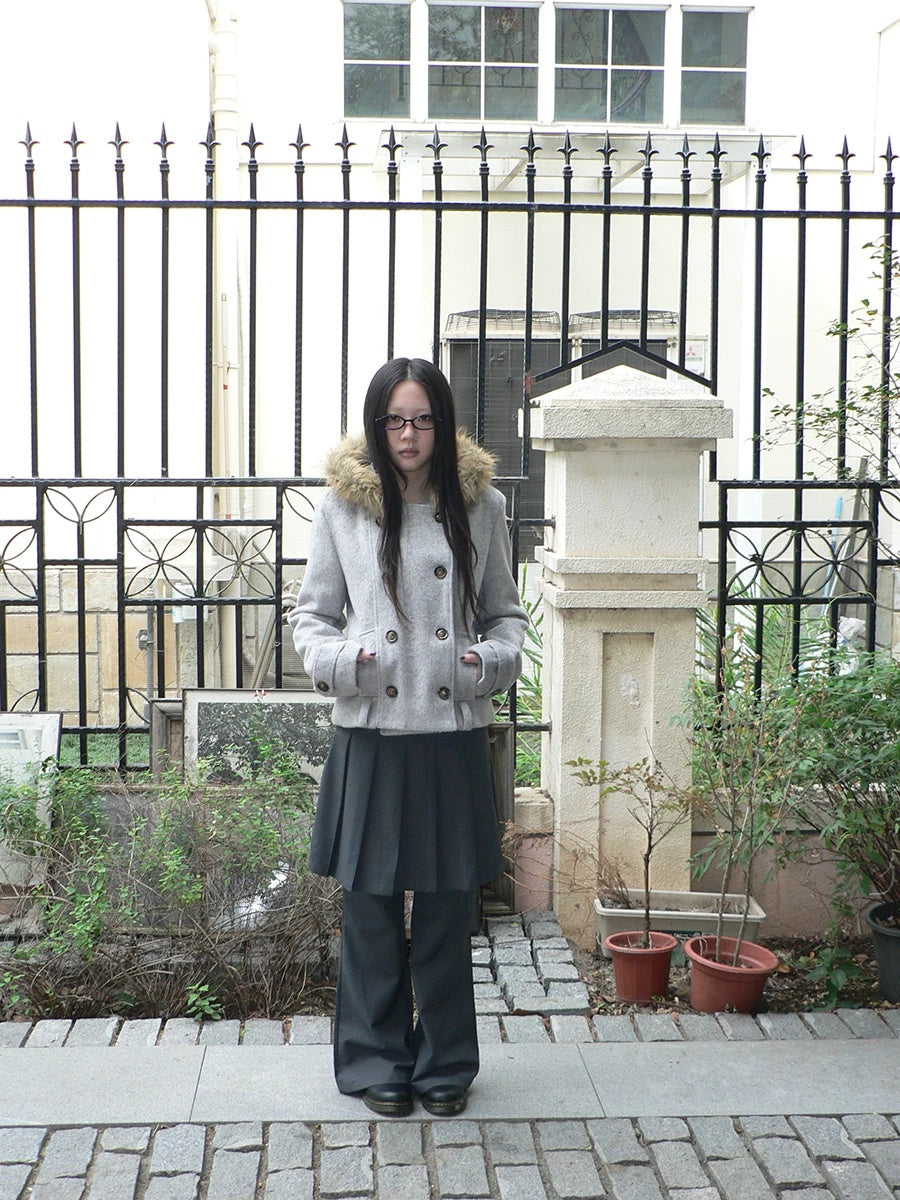 ang project High Waist Minimalist Korean Faux Skirt Flare Zipper Women Dark Gray Pants