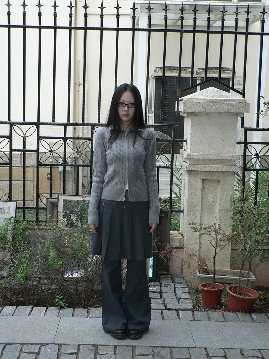 ang project High Waist Minimalist Korean Faux Skirt Flare Zipper Women Dark Gray Pants