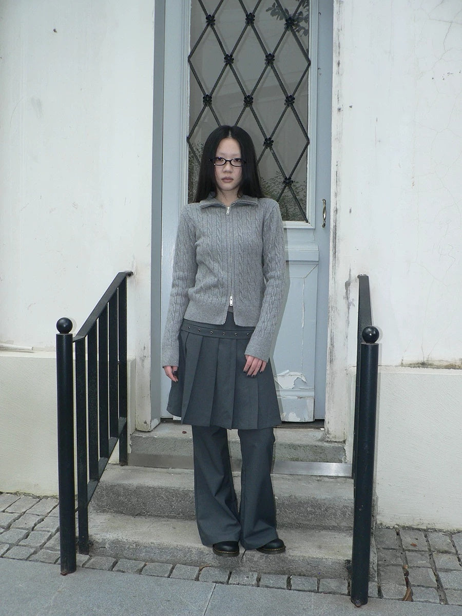 ang project High Waist Minimalist Korean Faux Skirt Flare Zipper Women Dark Gray Pants