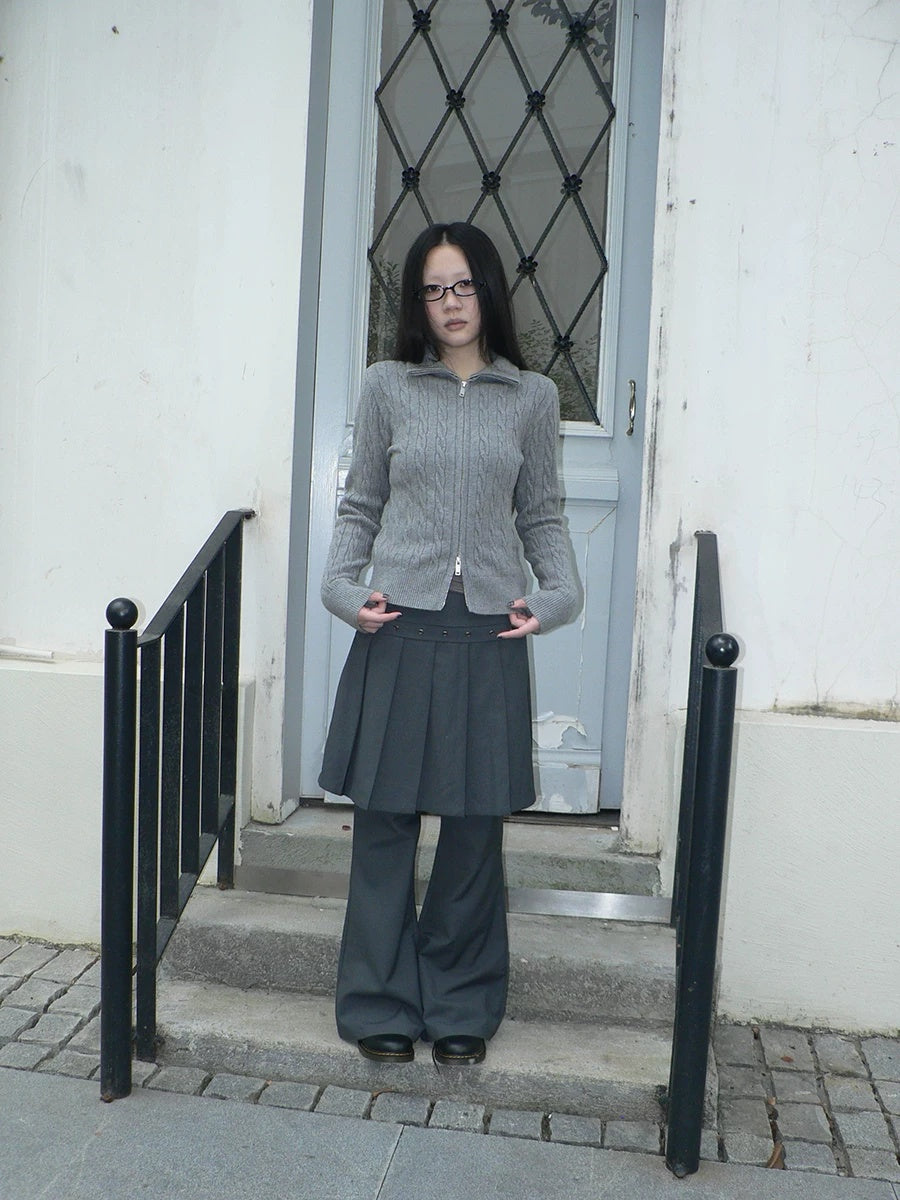 ang project High Waist Minimalist Korean Faux Skirt Flare Zipper Women Dark Gray Pants