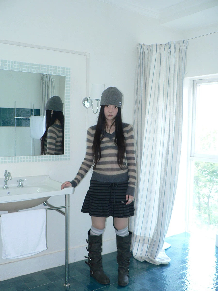 ang project High Waist Printed Lined Korean A Line Tie Detail Casual Deep Gray Mini Skirt