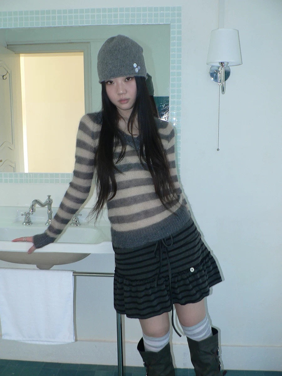 ang project High Waist Printed Lined Korean A Line Tie Detail Casual Deep Gray Mini Skirt