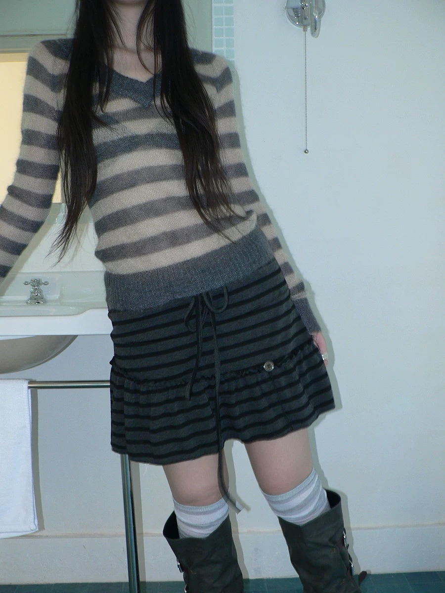 ang project High Waist Printed Lined Korean A Line Tie Detail Casual Deep Gray Mini Skirt