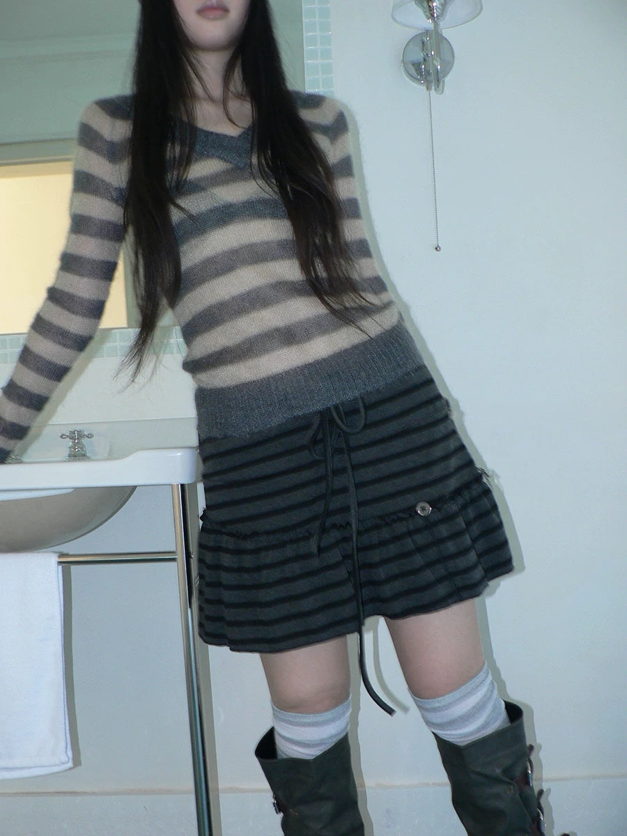 ang project High Waist Printed Lined Korean A Line Tie Detail Casual Deep Gray Mini Skirt