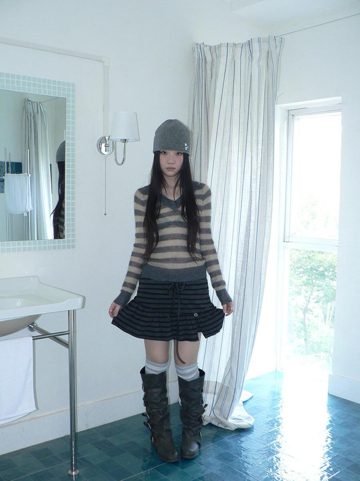 ang project High Waist Printed Lined Korean A Line Tie Detail Casual Deep Gray Mini Skirt