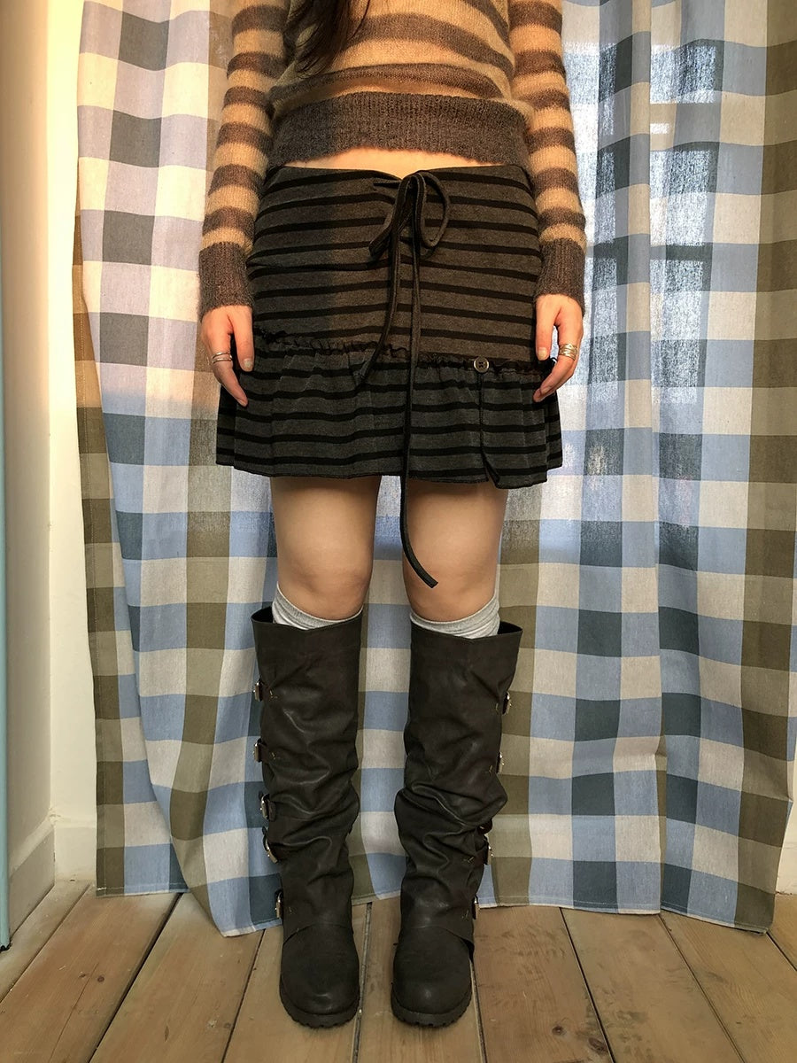 ang project High Waist Printed Lined Korean A Line Tie Detail Casual Deep Gray Mini Skirt