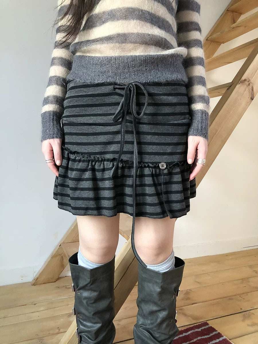 ang project High Waist Printed Lined Korean A Line Tie Detail Casual Deep Gray Mini Skirt