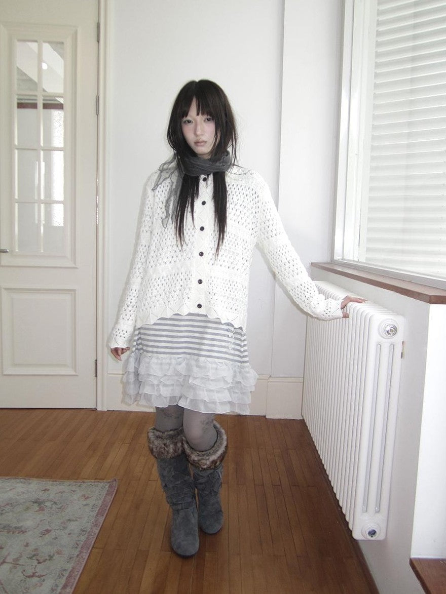 ang project Hollow Out Pointelle Solid Collared Women&