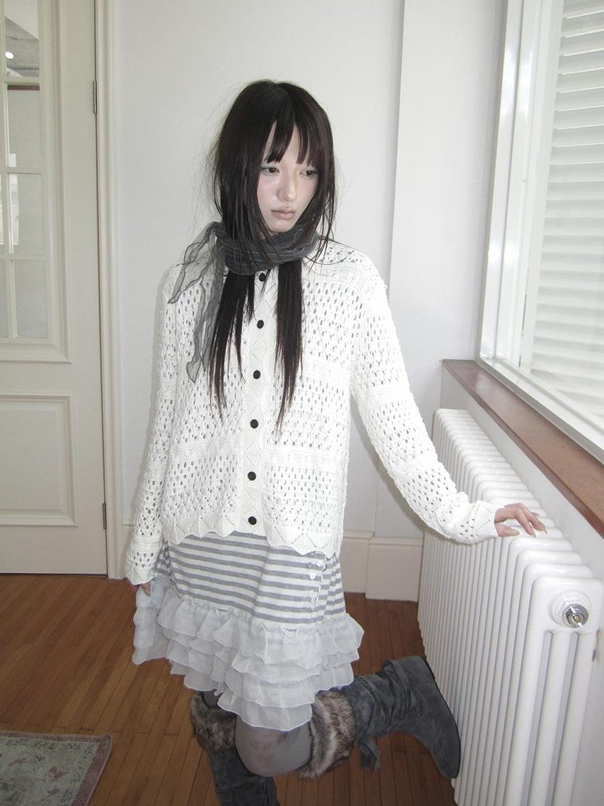 ang project Hollow Out Pointelle Solid Collared Women&
