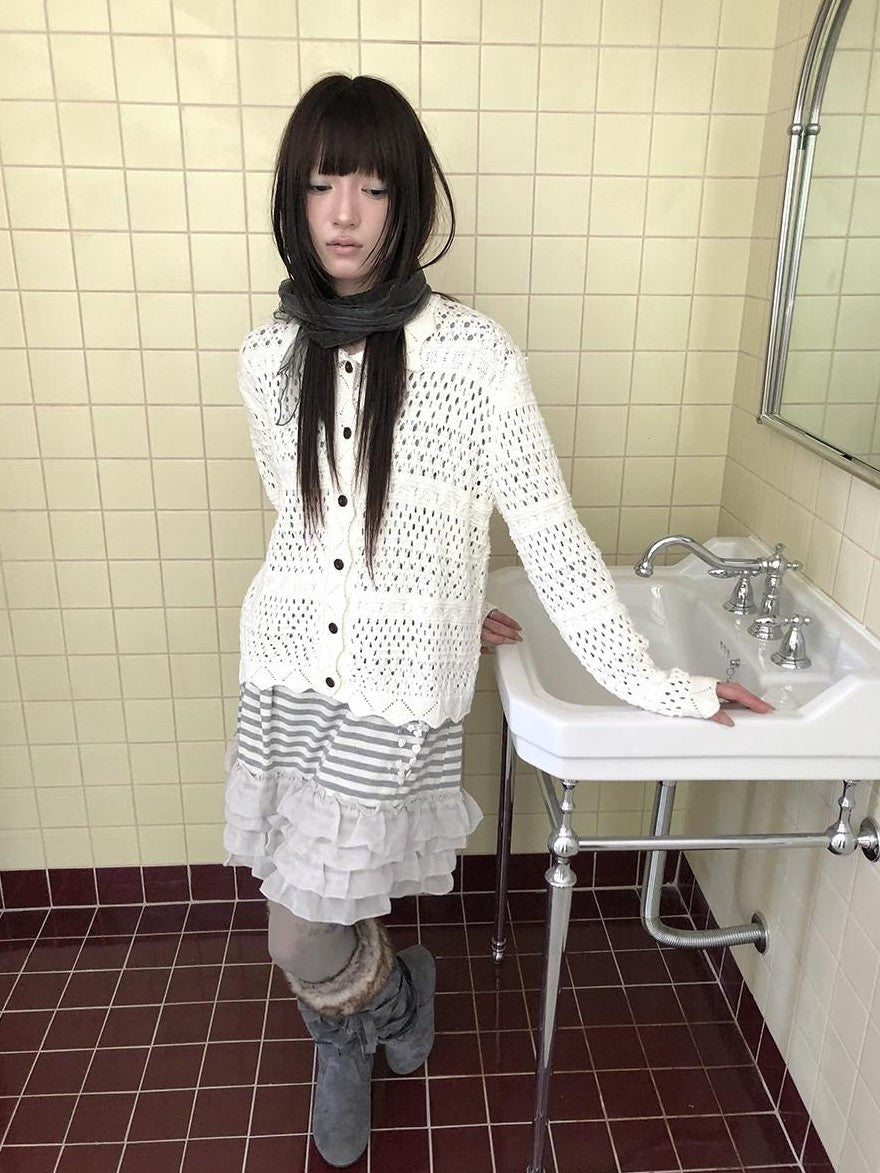 ang project Hollow Out Pointelle Solid Collared Women&