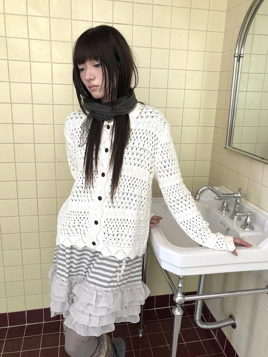 ang project Hollow Out Pointelle Solid Collared Women&