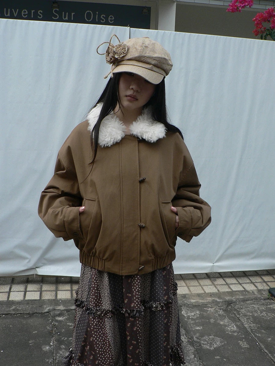 ang project Insulated Cropped Vintage Loose Fit Fur Collar Women Zip Puffer Jacket