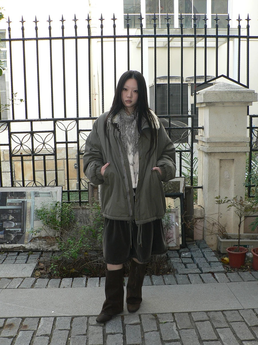 ang project Insulated Thick Loose Retro Commuter Lapel Buttons Green Puffer Jacket