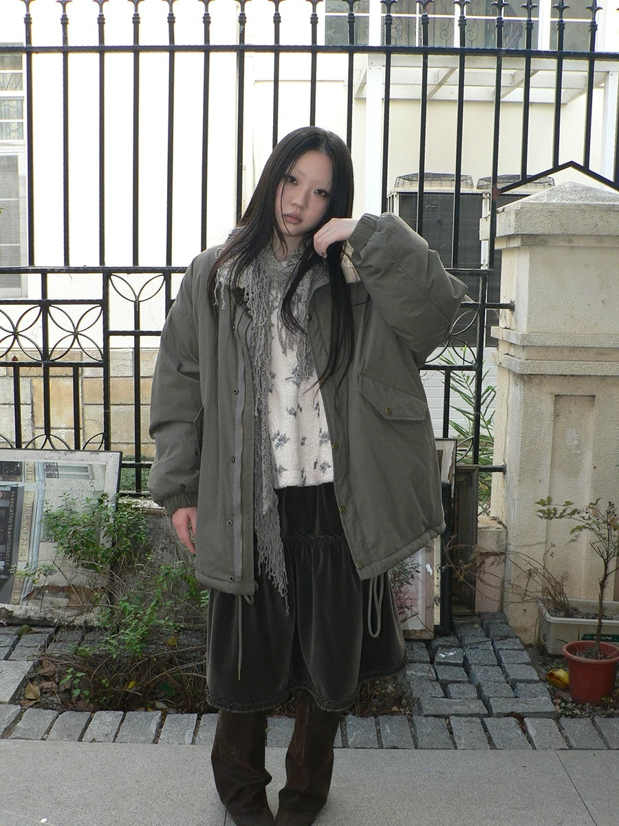 ang project Insulated Thick Loose Retro Commuter Lapel Buttons Green Puffer Jacket